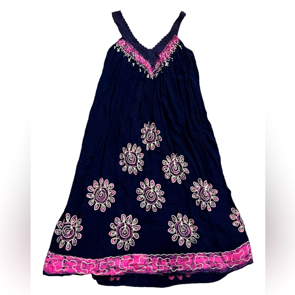 Sahiba Women’s Swim Cover Up Dress, Blue Pink, Embroidered, Flowy, Midi Length